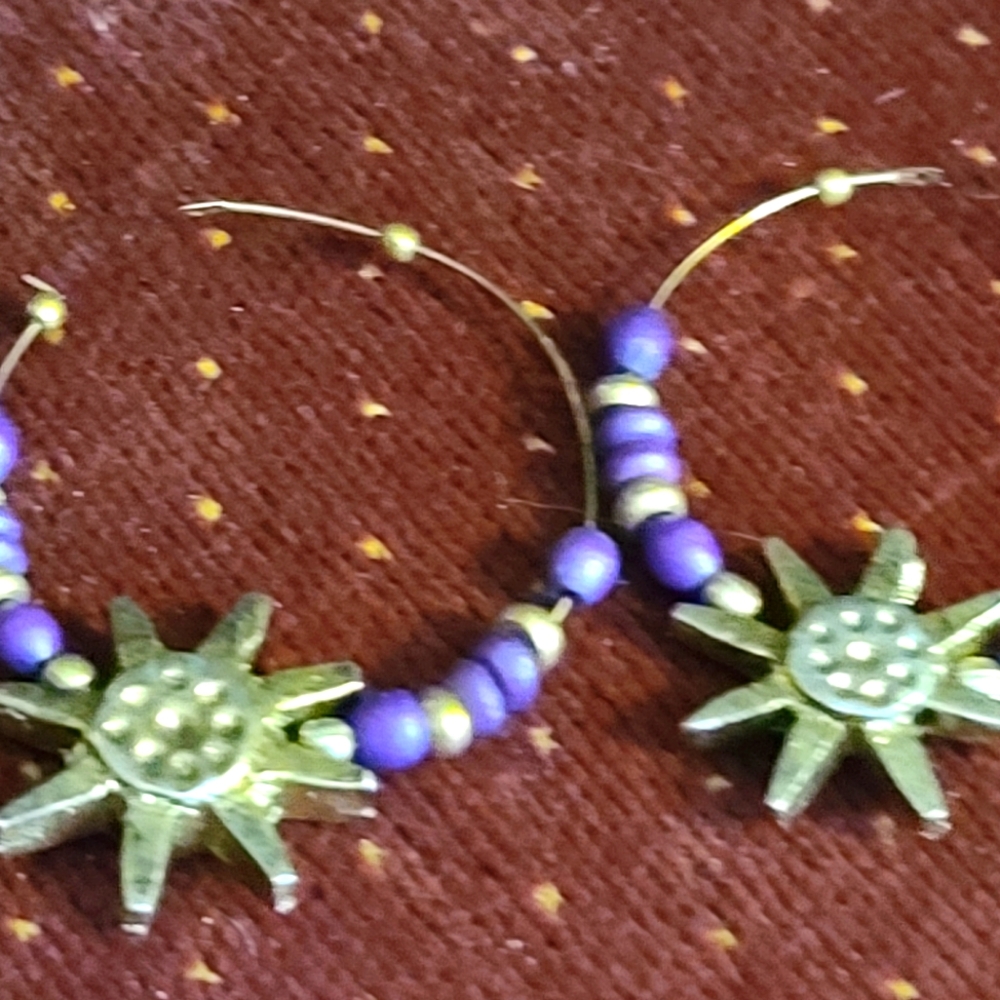 Gold and Purple Sunburst Hoop Earrings